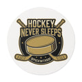 Hockey Never Sleeps Round Vinyl Sticker – Hockey Puck & Crossed Sticks Decal