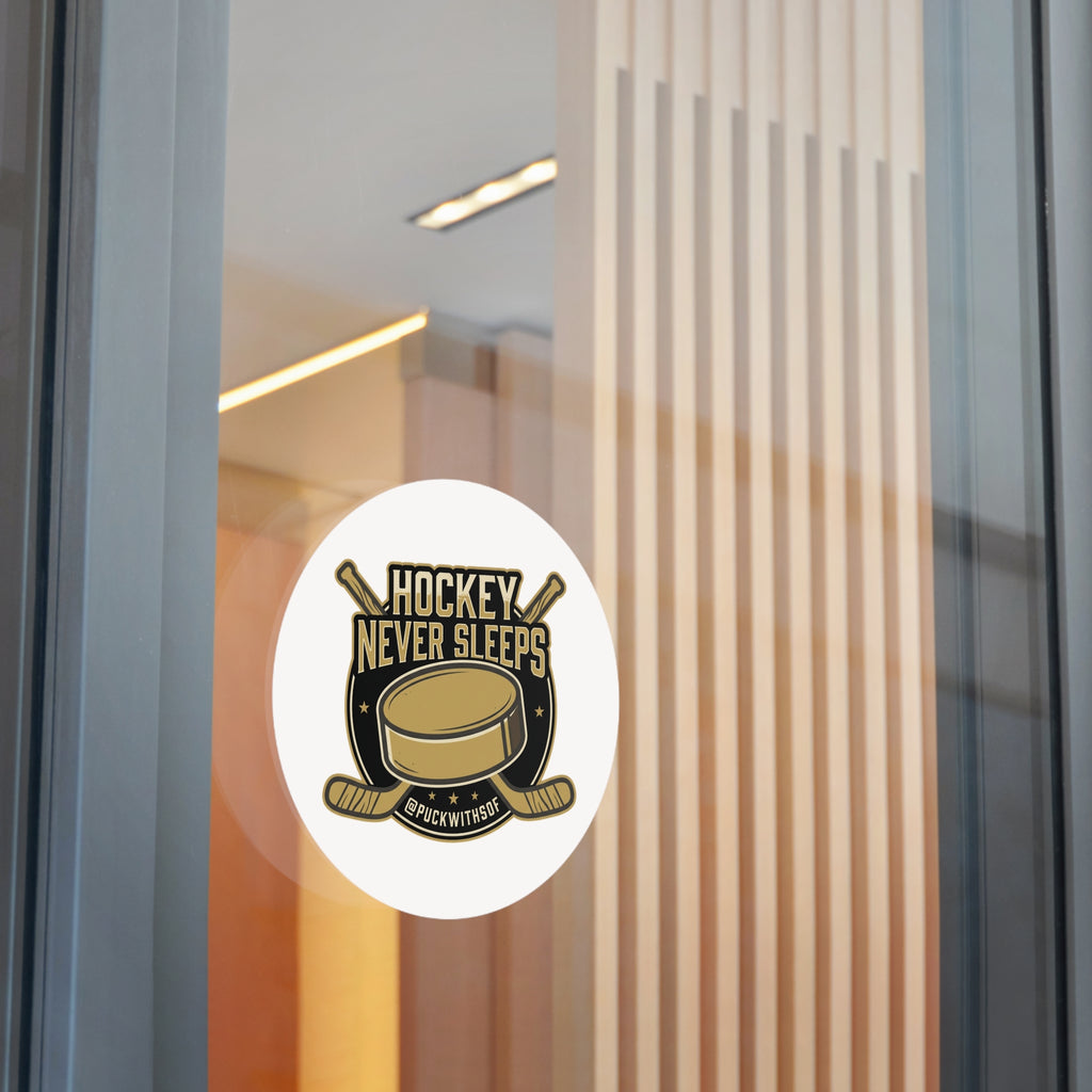 Hockey Never Sleeps Round Vinyl Sticker – Hockey Puck & Crossed Sticks Decal