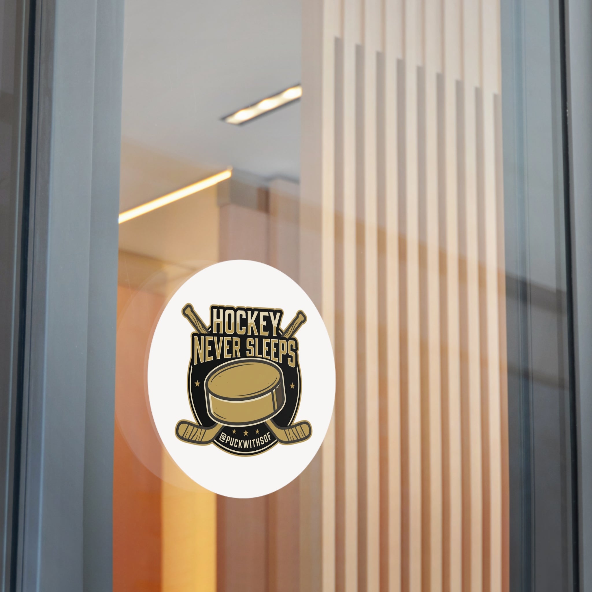 Hockey Never Sleeps Round Vinyl Sticker – Hockey Puck & Crossed Sticks Decal
