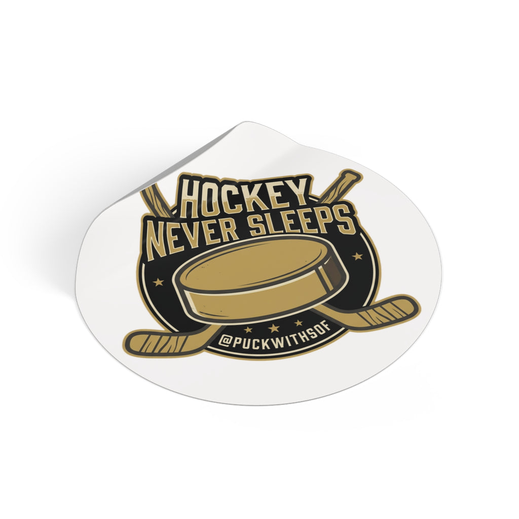 Hockey Never Sleeps Round Vinyl Sticker – Hockey Puck & Crossed Sticks Decal