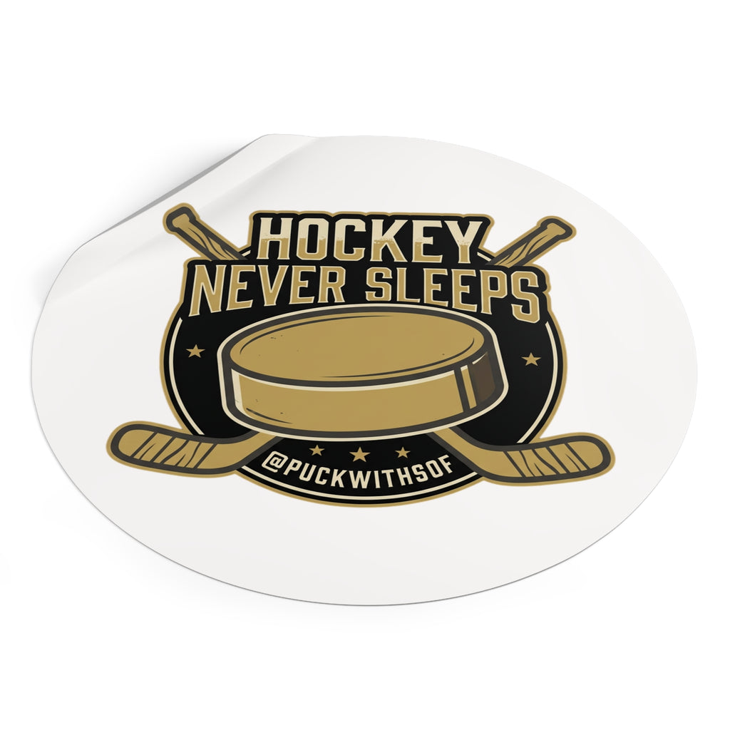 Hockey Never Sleeps Round Vinyl Sticker – Hockey Puck & Crossed Sticks Decal