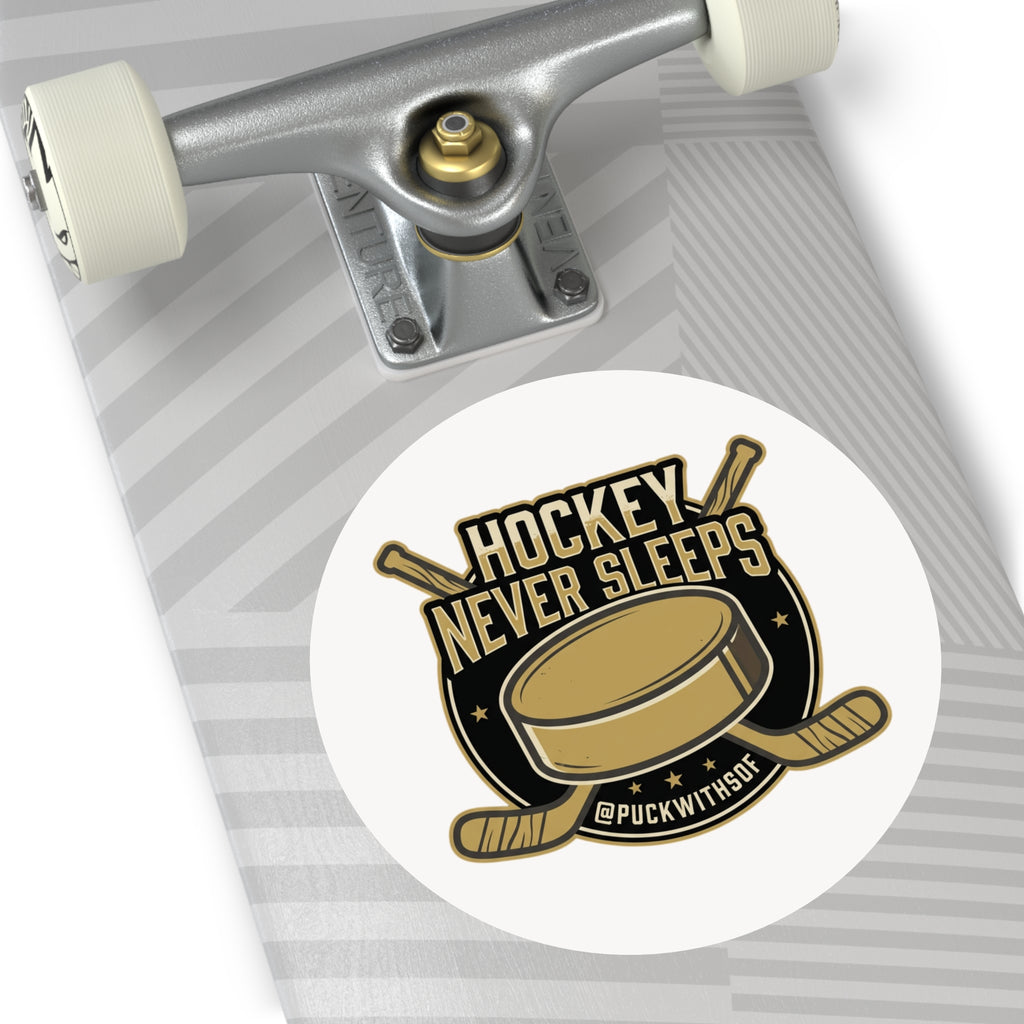 Hockey Never Sleeps Round Vinyl Sticker – Hockey Puck & Crossed Sticks Decal