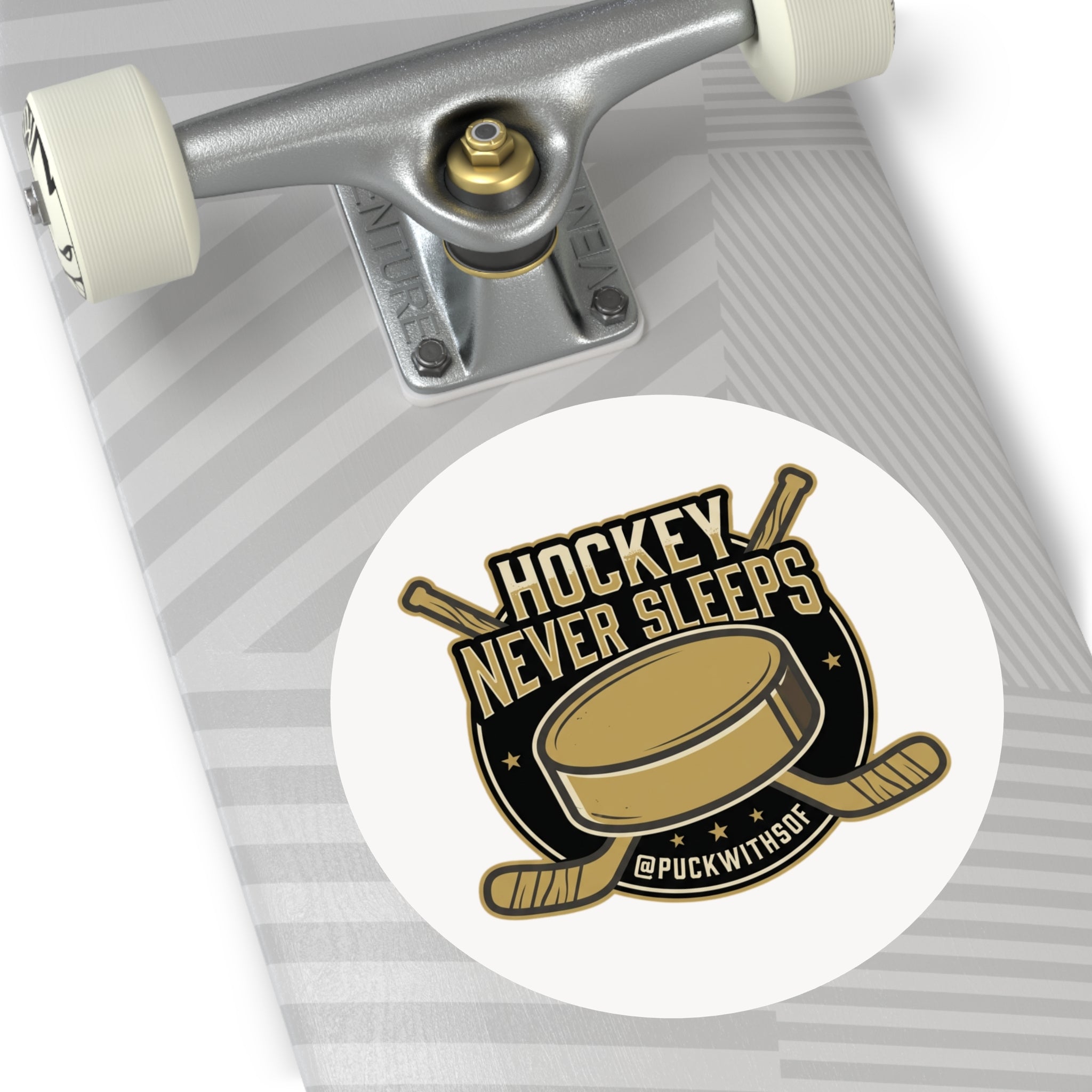 Hockey Never Sleeps Round Vinyl Sticker – Hockey Puck & Crossed Sticks Decal