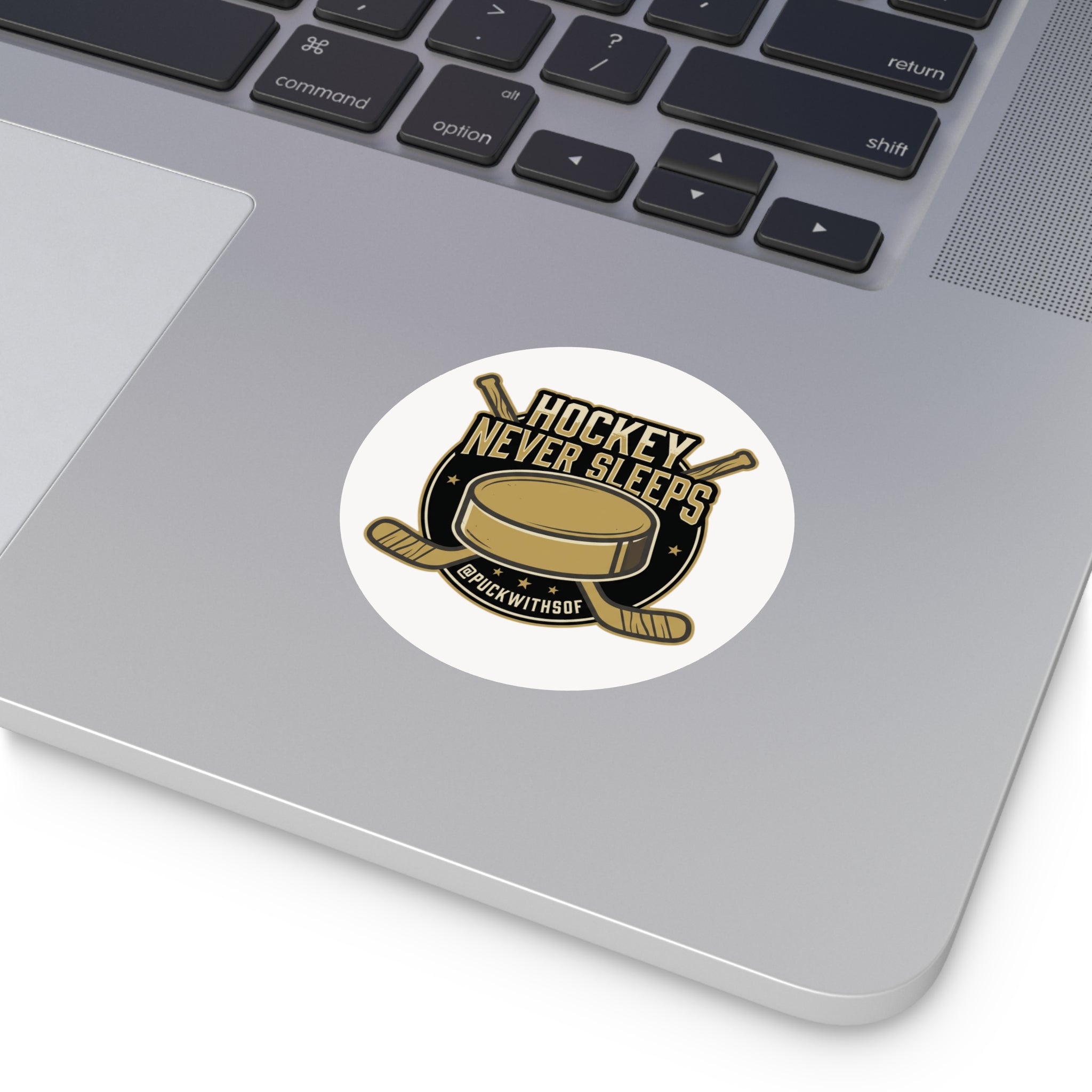Hockey Never Sleeps Round Vinyl Sticker – Hockey Puck & Crossed Sticks Decal