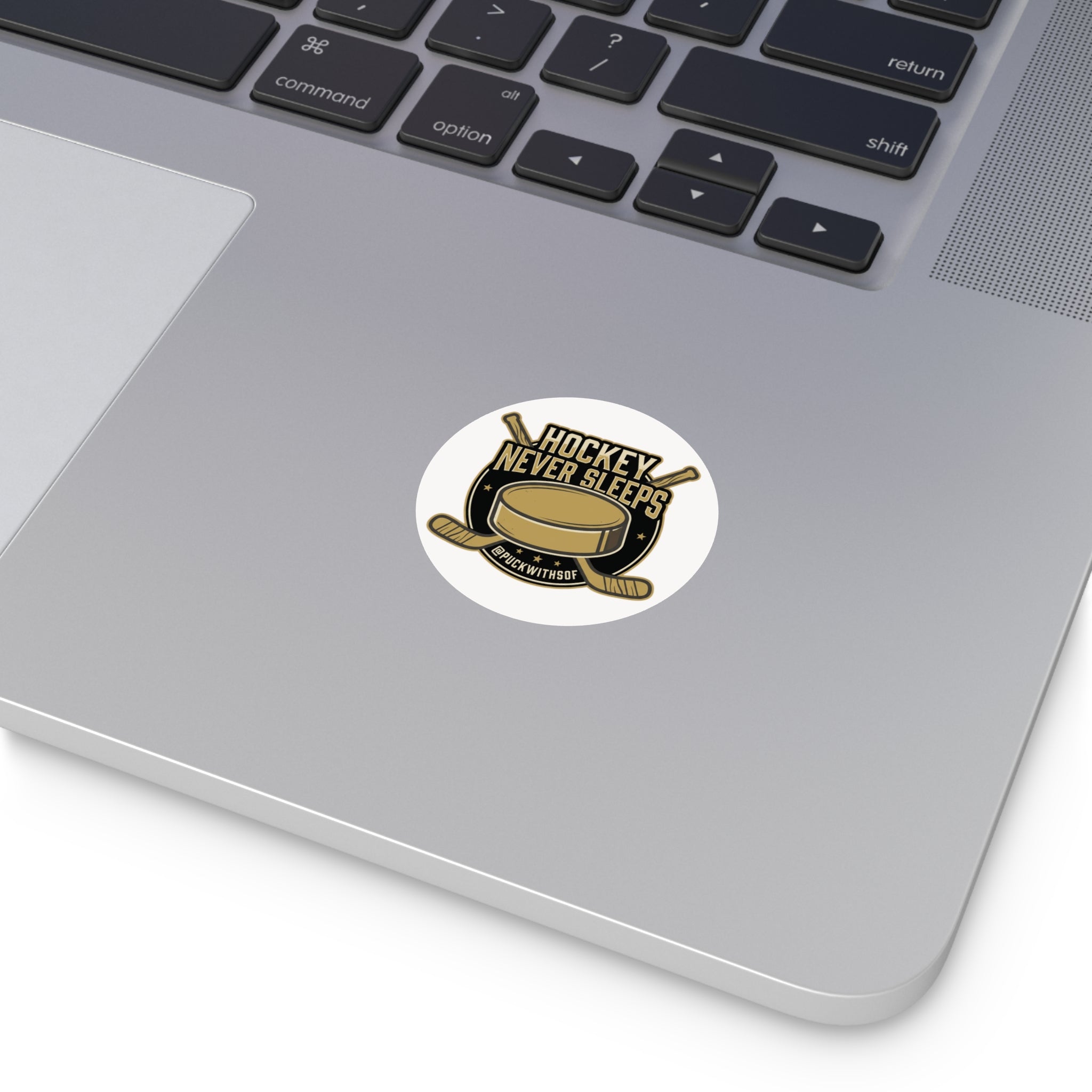 Hockey Never Sleeps Round Vinyl Sticker – Hockey Puck & Crossed Sticks Decal